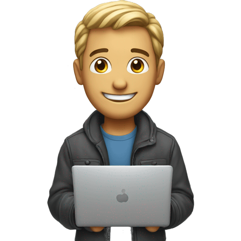 a man with a warm, friendly smile holding a laptop emoji