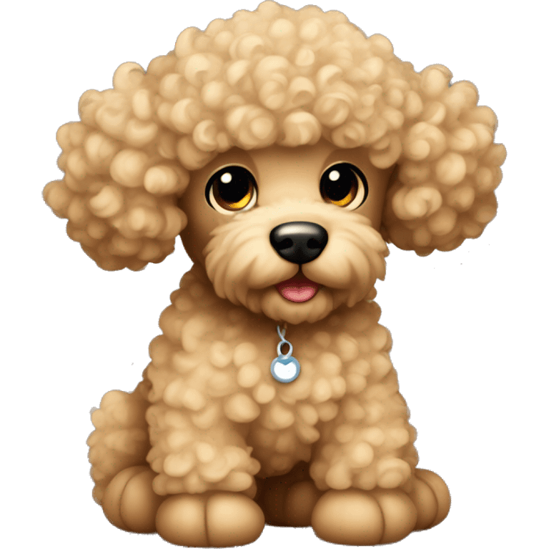 Beige tan curly teddy bear poodle with small round face black eyes long ears emoji