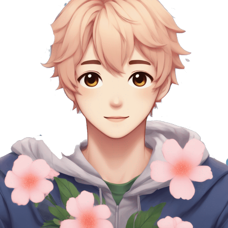 Gorgeous anime style shojo guy with blushing face and flowers aesthetic trending style outside emoji