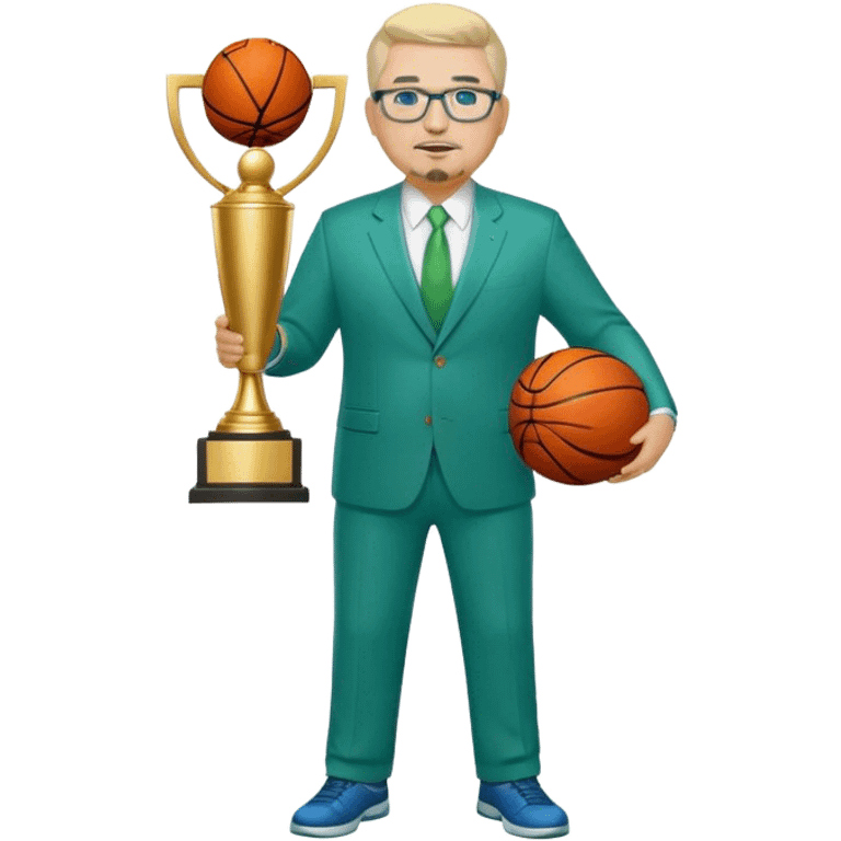 Full Body white fat male  wearing glasses with a goatee with light blonde gray very short hair basketball head Coach in blue and green suit holding trophy emoji