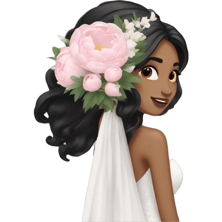  bride with long black hair and with white and pink peonies bouquet in hand  emoji