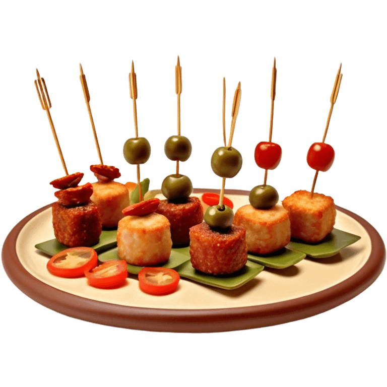 Tapas (4 Pintxos) Cinematic Realistic Tapas Dish Emoji, depicted as an assortment of 4 pintxos elegantly arranged on a plate, rendered with lifelike textures and vibrant, inviting lighting. emoji