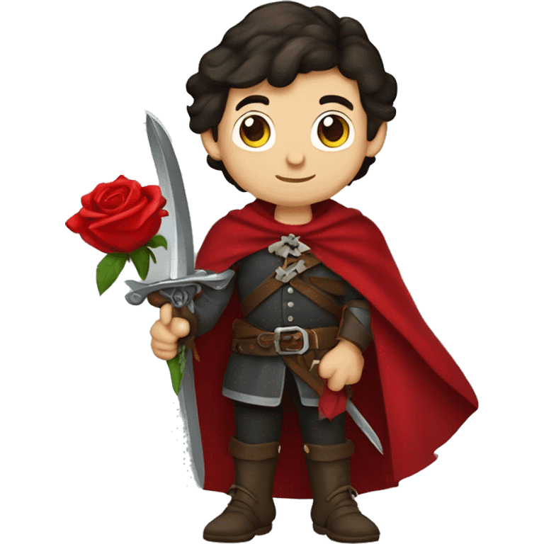 caucasian boy dark hair musketeer with red rose shoulder medieval cape and sword emoji