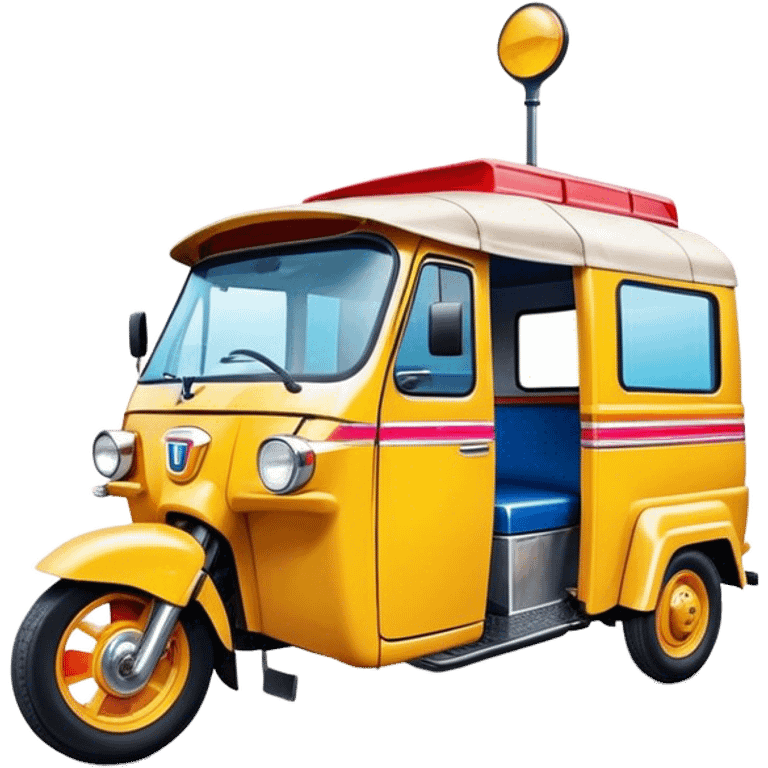 Cinematic Realistic Tuk Tuk Pop Culture Emoji, featuring a vibrant portrayal of the iconic Thai tuk tuk rendered with dynamic textures and lively, urban lighting. emoji