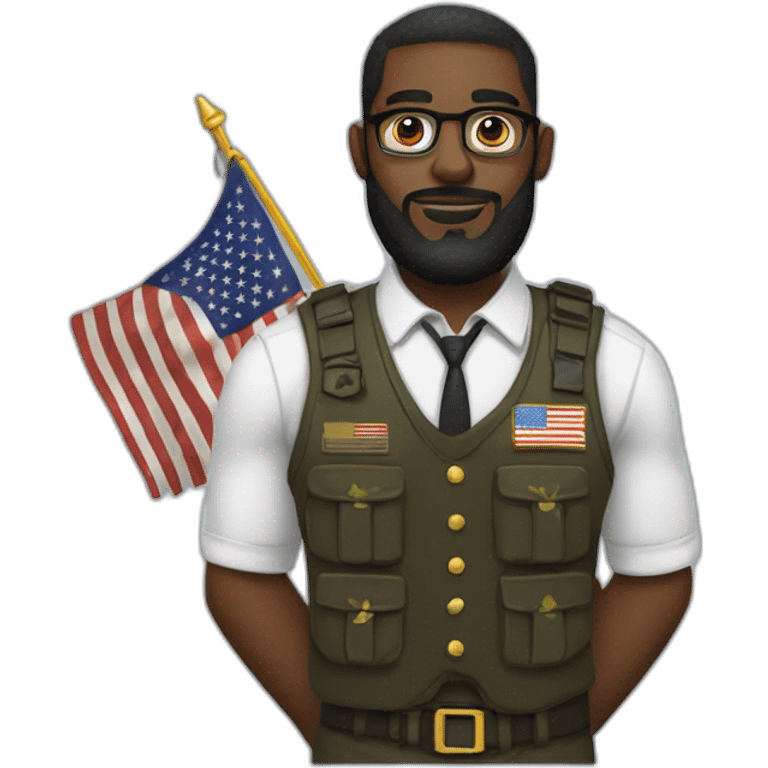 black soldier with a long beard, a part in hair, wearing glasses, a white collared shirt, a bow tie, bulletproof vest with an american flag emoji