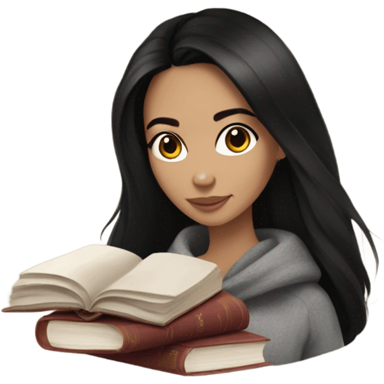 Brunette girl, black straight hair, cozy with tea and book emoji