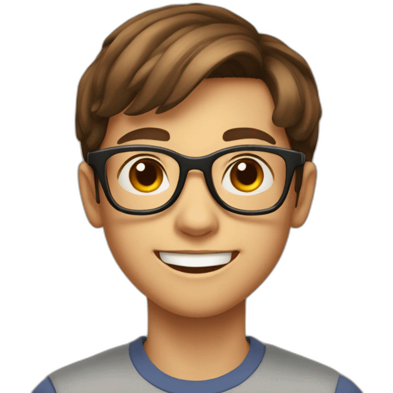 a 12-year-old boy with brown hair and glasses smiles broadly emoji