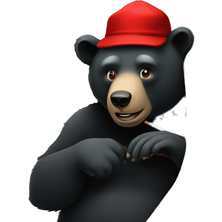 A black bear leaning up against a tree, wearing a red hat, and smoking a cigar  emoji