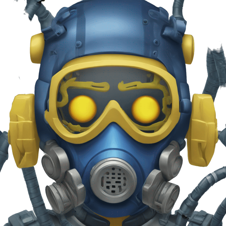 Dark Blue curly hair cyborg head with yellow respirator mask and circuitry emoji