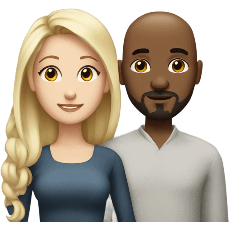 Blonde woman with grey eyes and black man who is bald with a goatee in love with each other  emoji