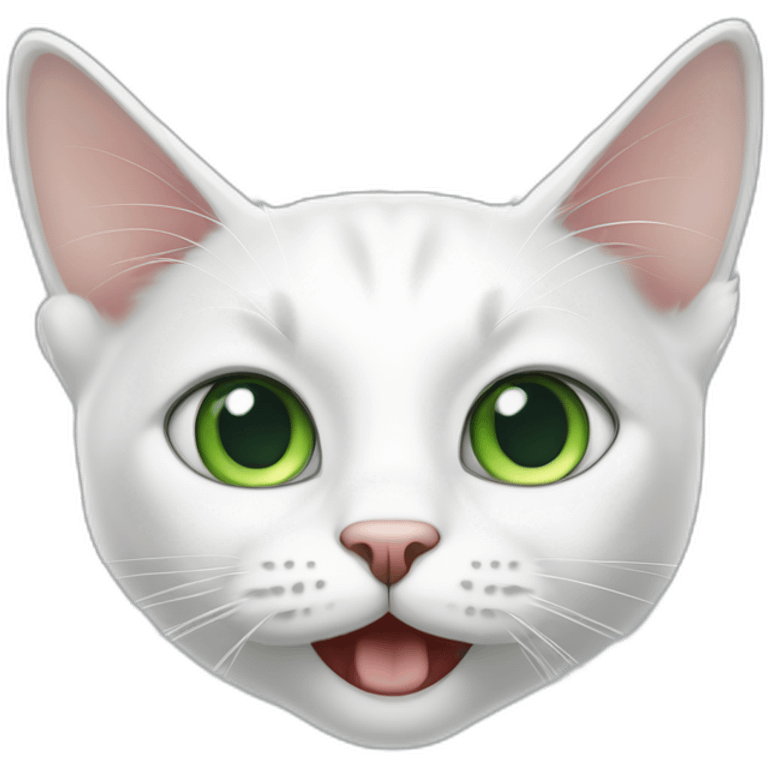 A skinny white cat with green eyes looking confused and meowing emoji