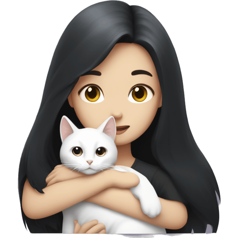 A girl with dark long hair hugging a white cat emoji