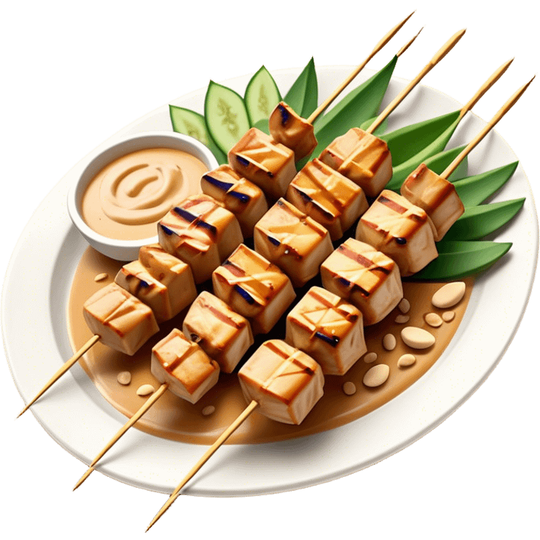 Cinematic Realistic Indonesian Chicken Satay Dish Emoji, depicted as succulent, marinated chicken skewers grilled to perfection with a subtle char, drizzled generously with a rich, creamy peanut sauce that glistens under warm, natural lighting. The vibrant textures of the tender meat and smooth, spicy sauce evoke the authentic flavors of Indonesian street food, rendered with lifelike detail and dynamic, appetizing lighting. emoji