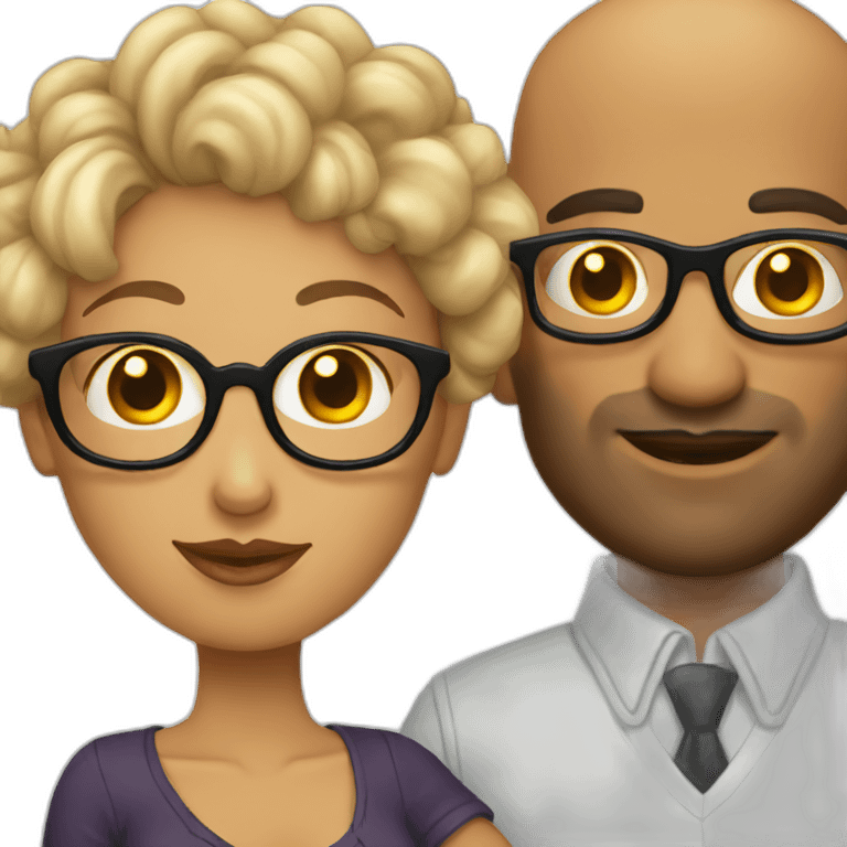 Bald man with tattoos and curly-haired lady wearing glasses emoji