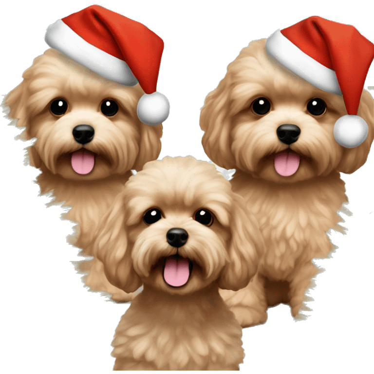 One Brown, beige colored Maltipoo with Christmas hat and Christmas tree Christmas lights and two humans, a brown haired boy and blond long haired girl in the background  emoji