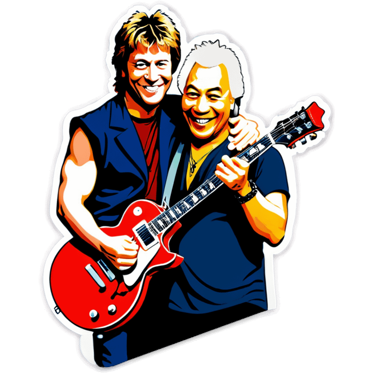 Dalai lama and Jon Bo Bon Jovi rock electric guitar with Jon Bon Jovi emoji