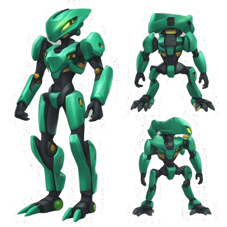 a shiny black-green Genesect-Raptor-Fakémon-Medabot-hybrid with a futuristic visor-helmet full body emoji