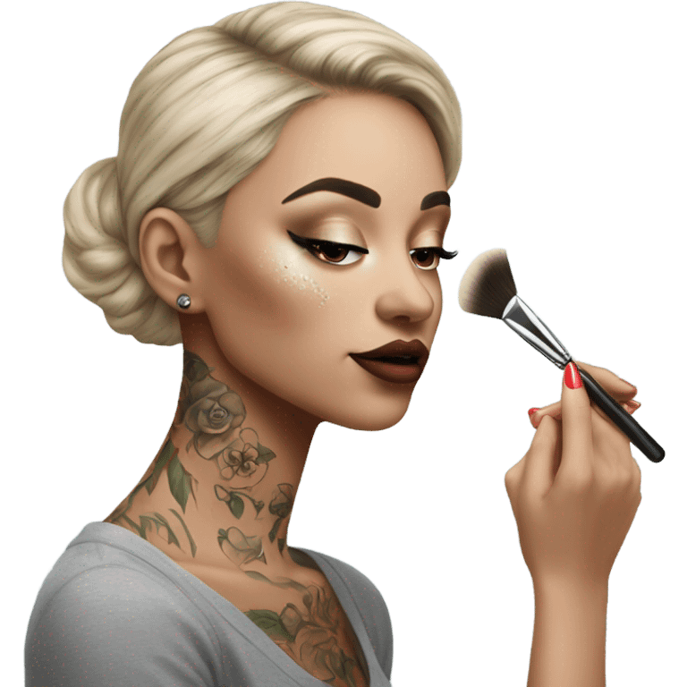 Hyper Realistic Beautiful lightly tattooed woman applying her makeup emoji