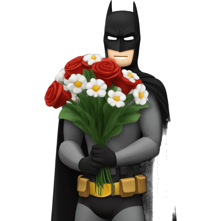 Batman holding a bouquet of white and red flowers in front of the night sky  emoji