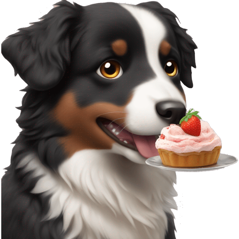 Small black australian shepherd dog eating dessert  emoji