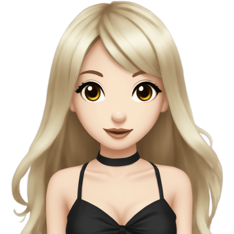 hime gyaru girl with LONG SILKY BLACK HAIR, with black satin halter top with chest, very pale skin and pretty brown monolid eyes emoji