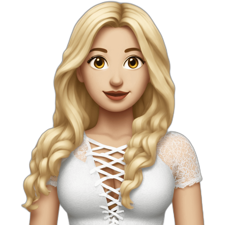 hyperrealistic caucasian female, long straight blonde hair, white lace up crop top and grey tight mini skirt emoji