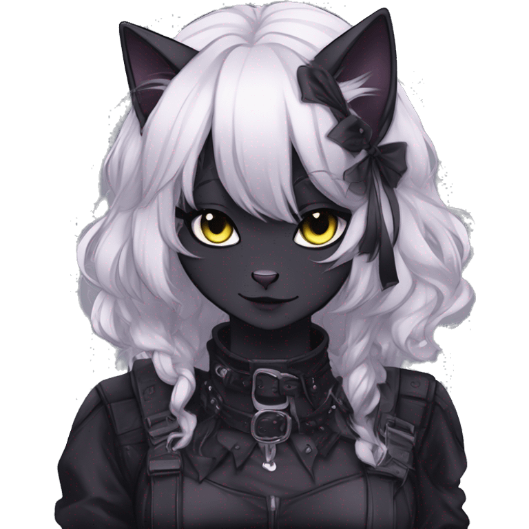 Gorgeous gothic dark techwear anime style anthro black cat furry with blushing face aesthetic and pretty edgy black with collar and harness trending style emoji