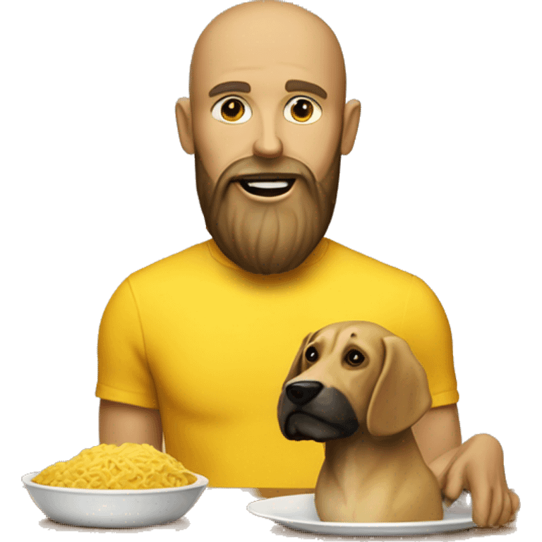 A yellow skinned man with beard with a plate in front of him on a table. there is a dog on the table. emoji