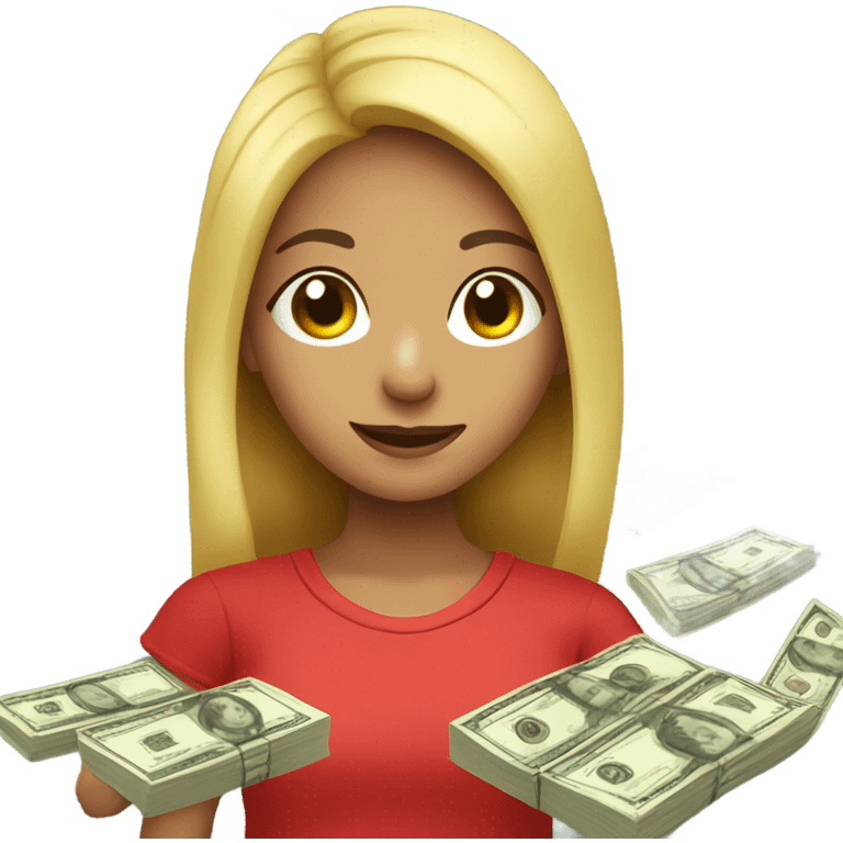 a girl with fresh hair and a red T-shirt holding the money emoji