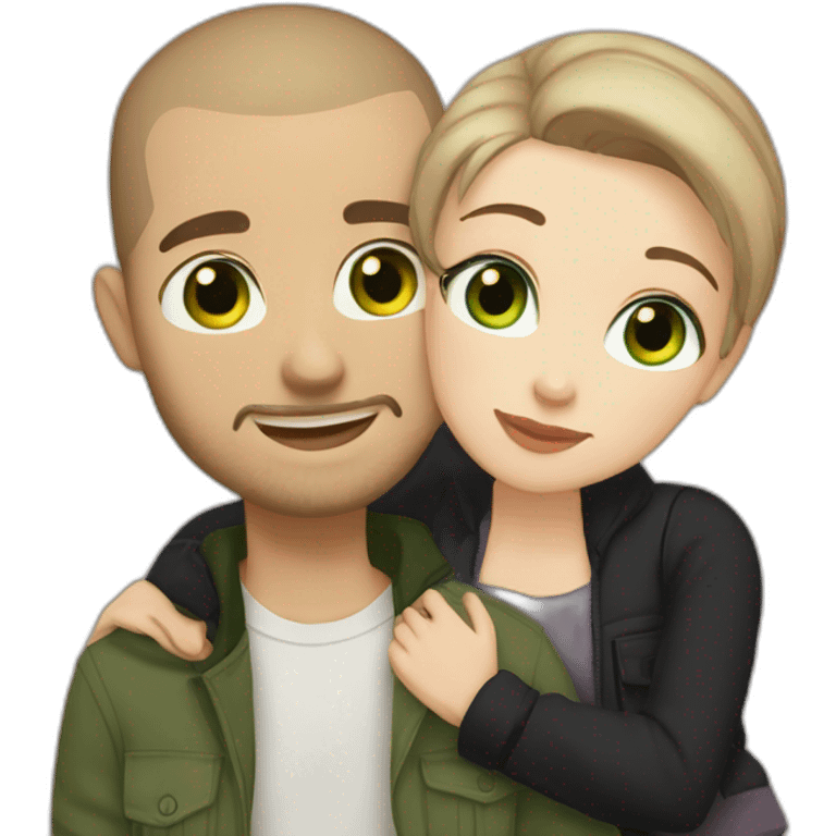 white skin Boyfriend with a light brown buzzcut and green eyes and medium length dark brown hair girlfriend with black eyes hugging emoji