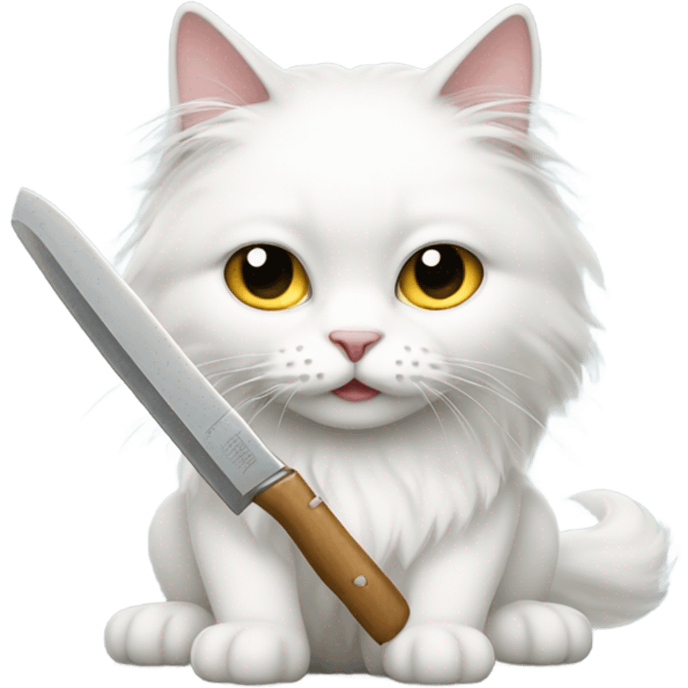 Long haired white cat with a knife emoji