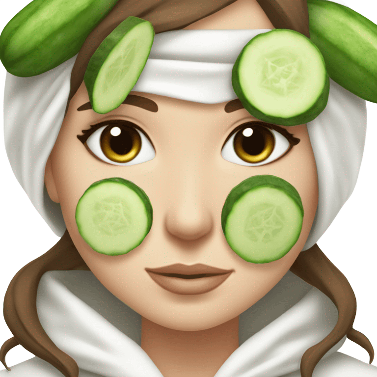 White girl with Brown hair and blue eyes wears a Green colored skincare clay textured mask and puts on cucumbers around her eyes while She relaxes in her white Robe emoji