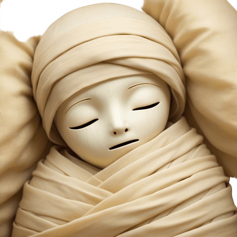 A snug, cozily wrapped mummy, fully encased in soft, slightly loose bandages, even its face gently hidden behind folds with only a tiny glimpse of sleepy eyes, nestled in warm, faded tones with gentle golden accents, simplified yet irresistibly charming, highly detailed with a soft glowing outline capturing the peaceful aura of an ancient being drifting into rest! emoji