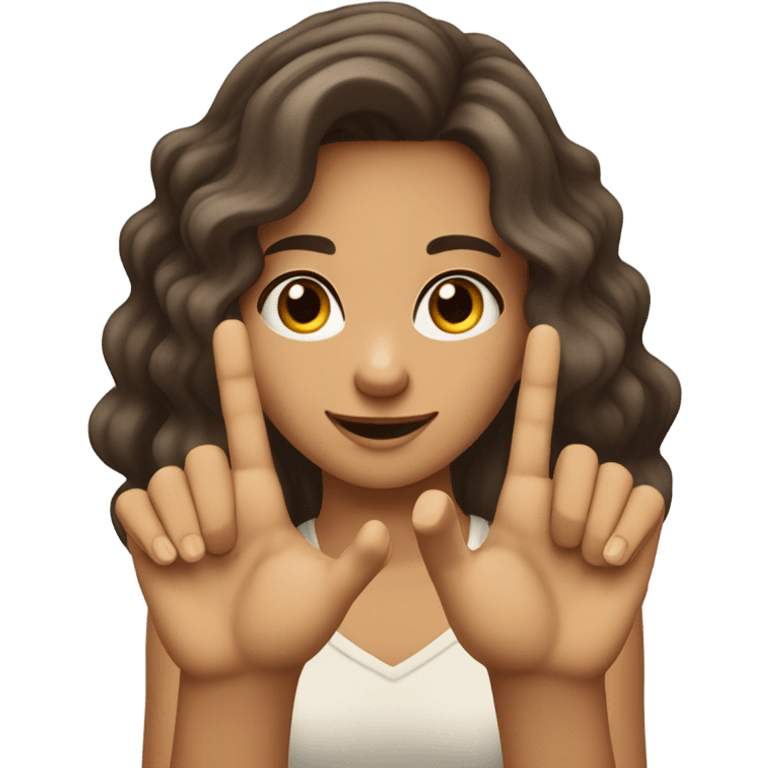 pretty tan brunette wavy hair girl holding her fingers in shape of an L up to forehead saying loser emoji