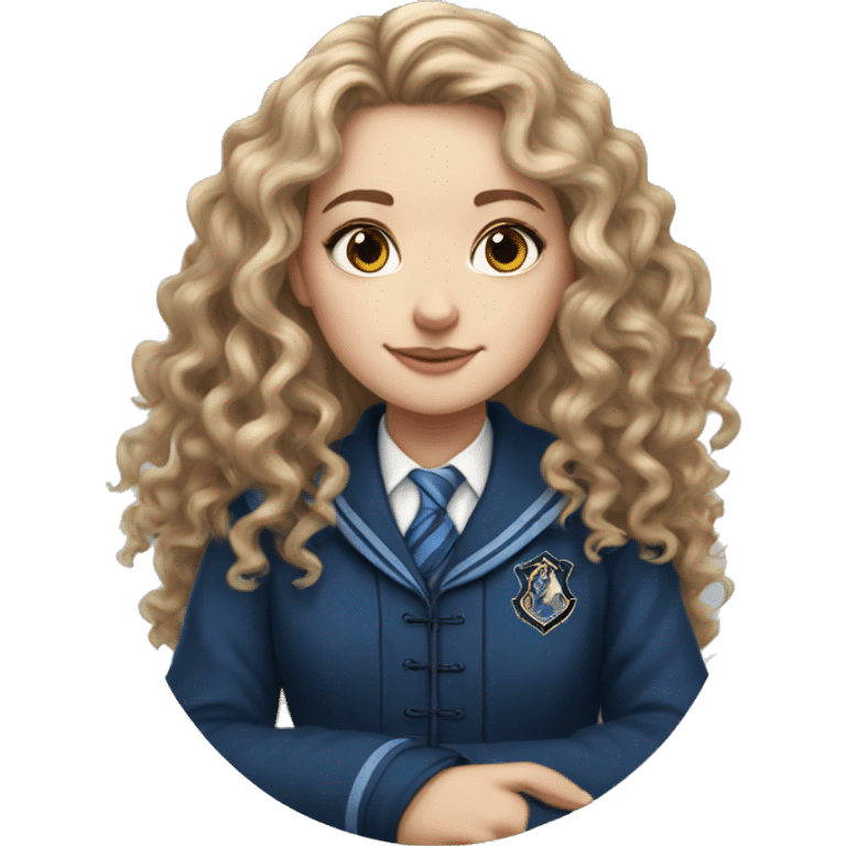 Hyper realistic White girl with long curly hair wearing a ravenclaw school inform emoji