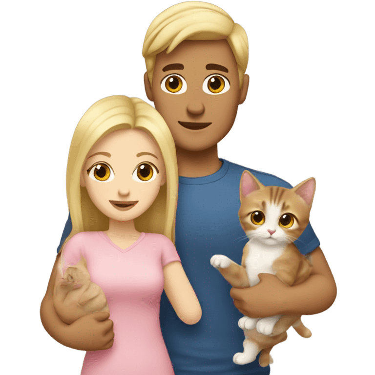 Blonde male and brown haired female with 2 kittens  emoji