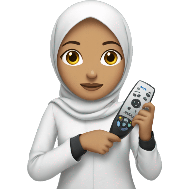 Hijabi girl holding  anki remote in one hand, computer  in the other  emoji