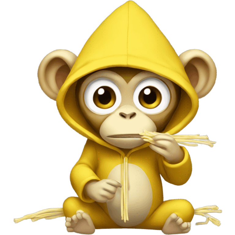 Yellow Monkey wearing hoodie and eat enoki emoji