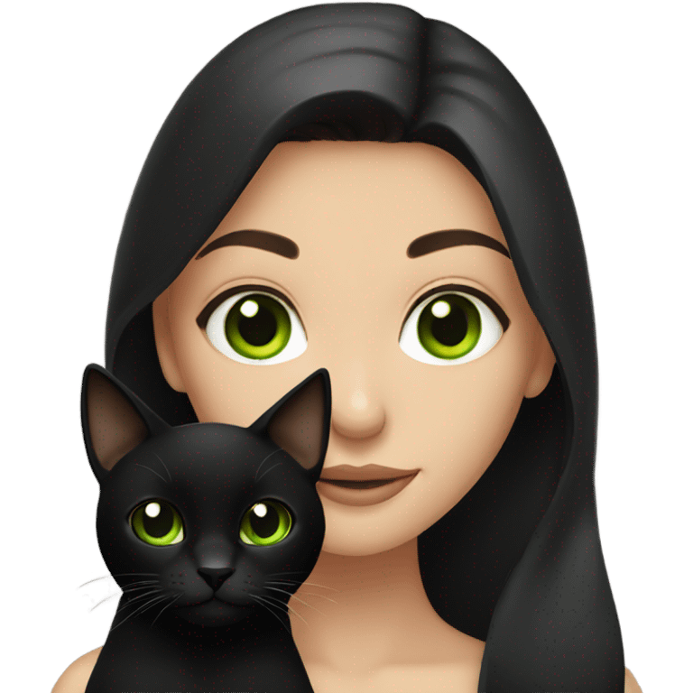 Brunette with green eyes holding a black cat emoji