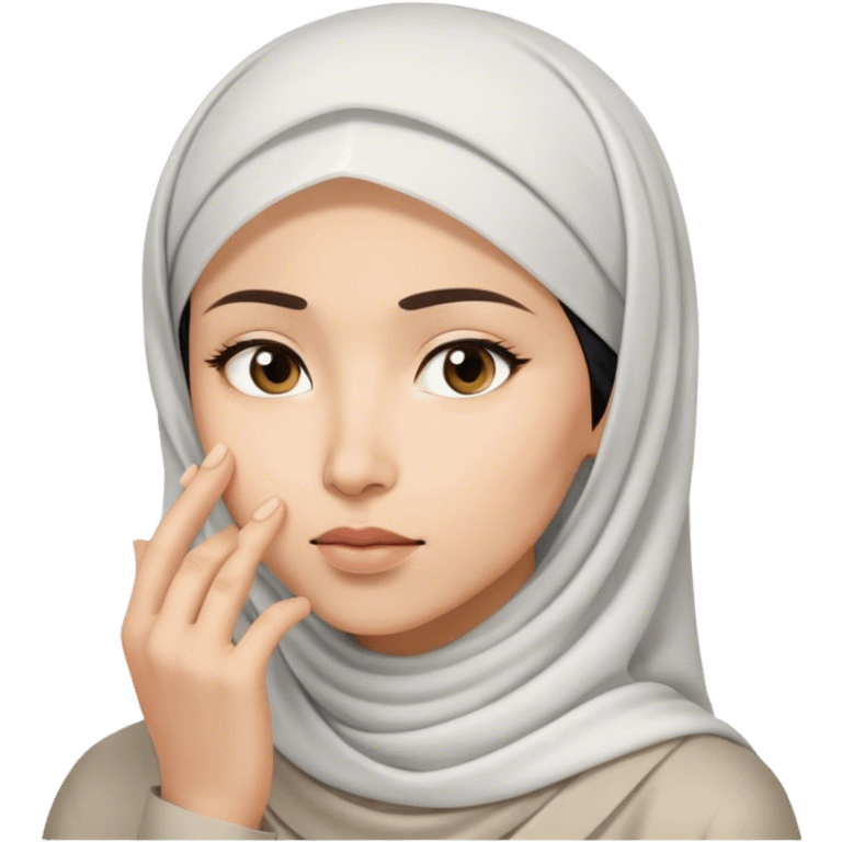 a white asian Muslim woman are thinking something. Her eyes rolling to up right. Her hand touching face. emoji