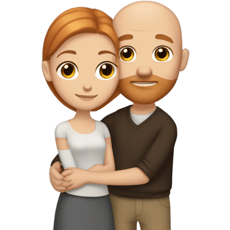 Bald white guy with ginger bread and dark brown eyes and girl with long dark brown hair and dark brown eyes hugging tightly  emoji