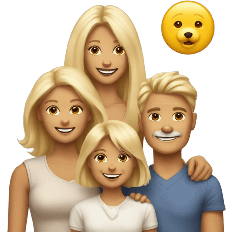 A family consisting of a smiling mother with blonde hair, a 20-year-old daughter, a fluffy beige Pomeranian dog and a yellow Pincher dog emoji