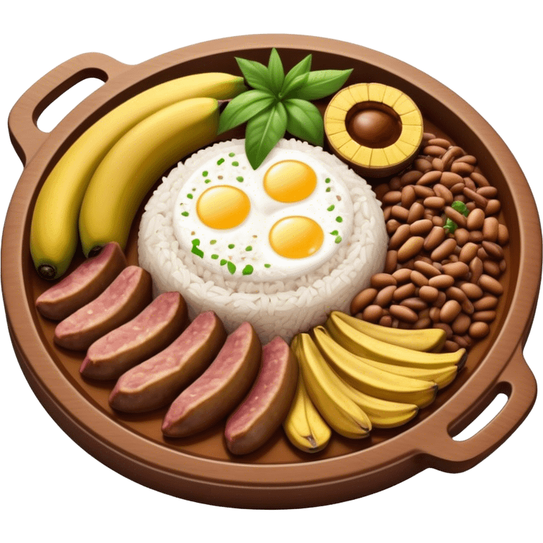 Cinematic Realistic Bandeja Paisa Dish Emoji, depicted as a hearty platter featuring beans, rice, meat, and plantains rendered with detailed textures and vibrant, robust lighting. emoji