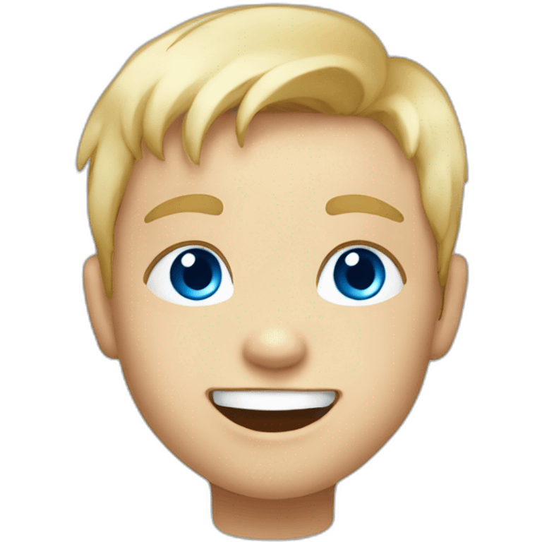 A baby boy with blonde hair, blue eyes and a blue t-shirt and with cute little teeth emoji