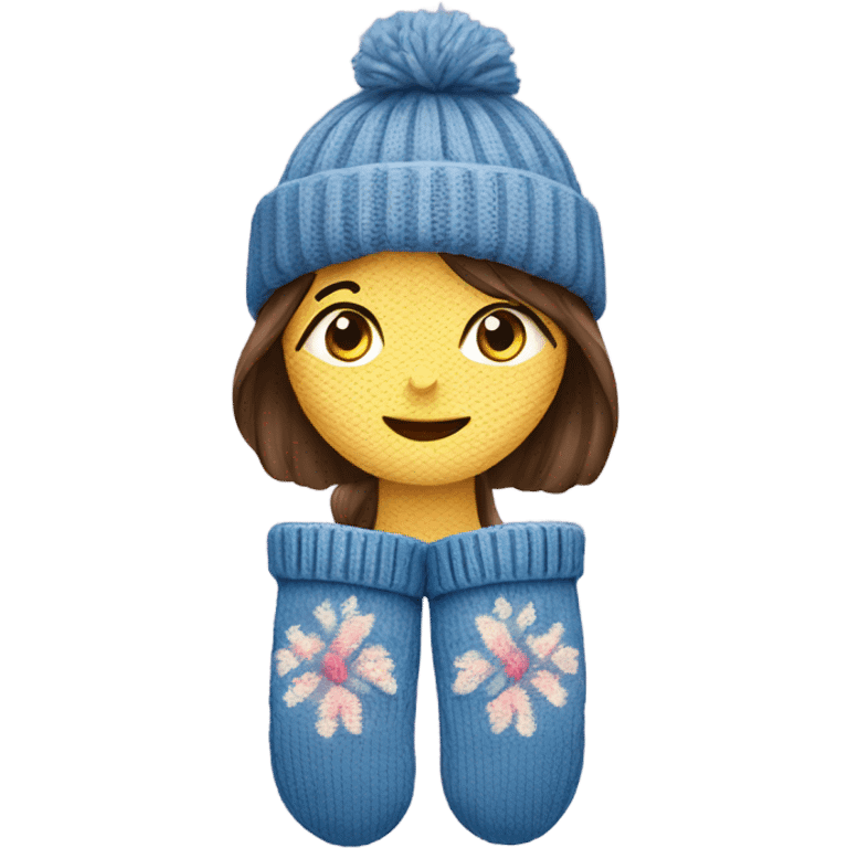 A pair of cozy knitted mittens with a girl design emoji