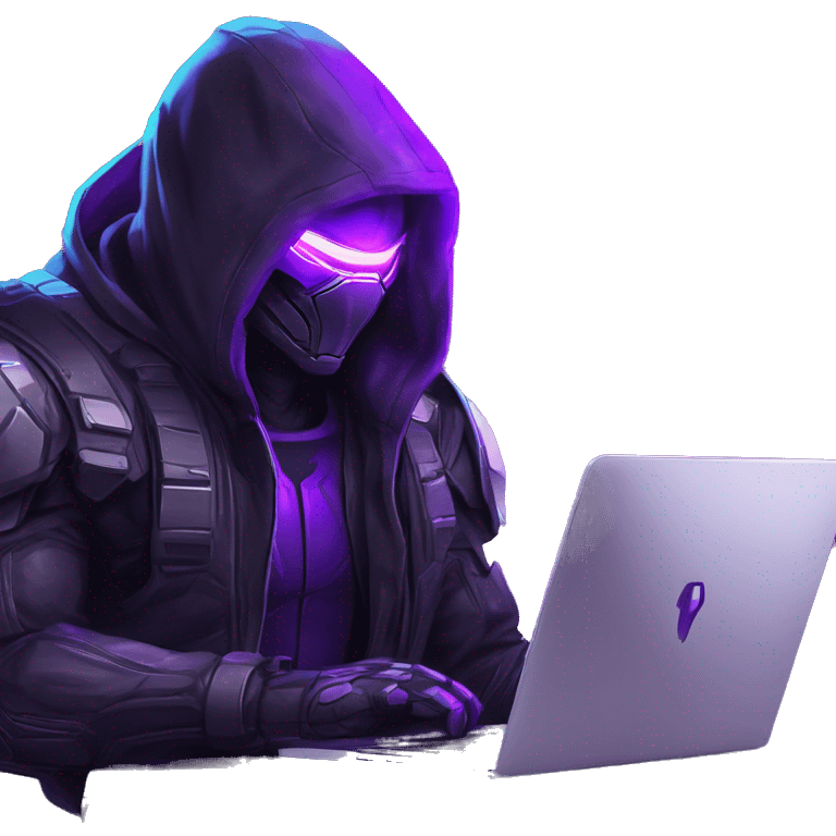 Side view developer behind his laptop with this style : crysis Cyberpunk Valorant neon glowing bright purple character purple violet black hooded assassin themed character emoji