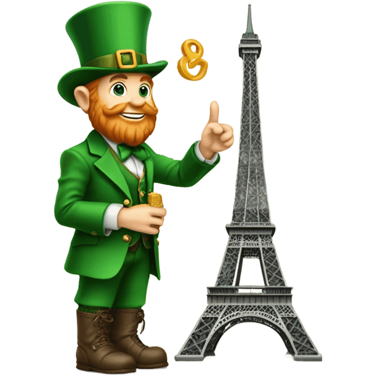 A leprechaun holding onto the Eiffel Tower ￼ emoji