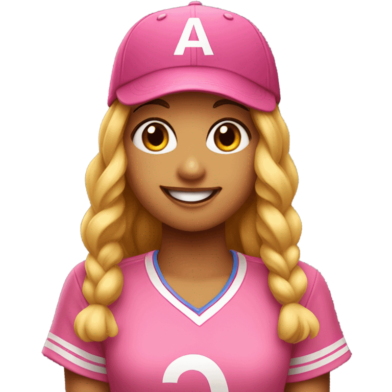 smiling girl in baseball pink cap with letter A on it emoji