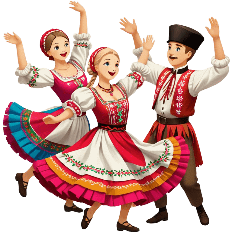 Cinematic Realistic Mazurka Dance Emoji, depicted as a lively traditional Polish folk dance scene with colorful costumes and spirited movement, rendered with dynamic textures and vibrant festive lighting that captures its rhythmic energy. emoji