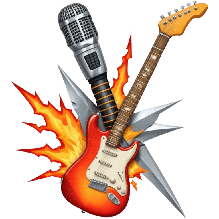 Create a bold and powerful emoji representing rock vocal performance in a humanless collage. The design should feature a vintage microphone at the center, surrounded by a heavy, aggressive hardcore electric guitar with sharp, jagged edges. Include crossed drumsticks behind the guitar, symbolizing the intense rhythm of rock music. Add fiery elements like flames or lightning bolts to enhance the raw energy of the design. Use dark, bold colors like black, red, and silver, with metallic or chrome accents to reflect the rebellious, hard-hitting nature of rock. The background should be transparent. emoji